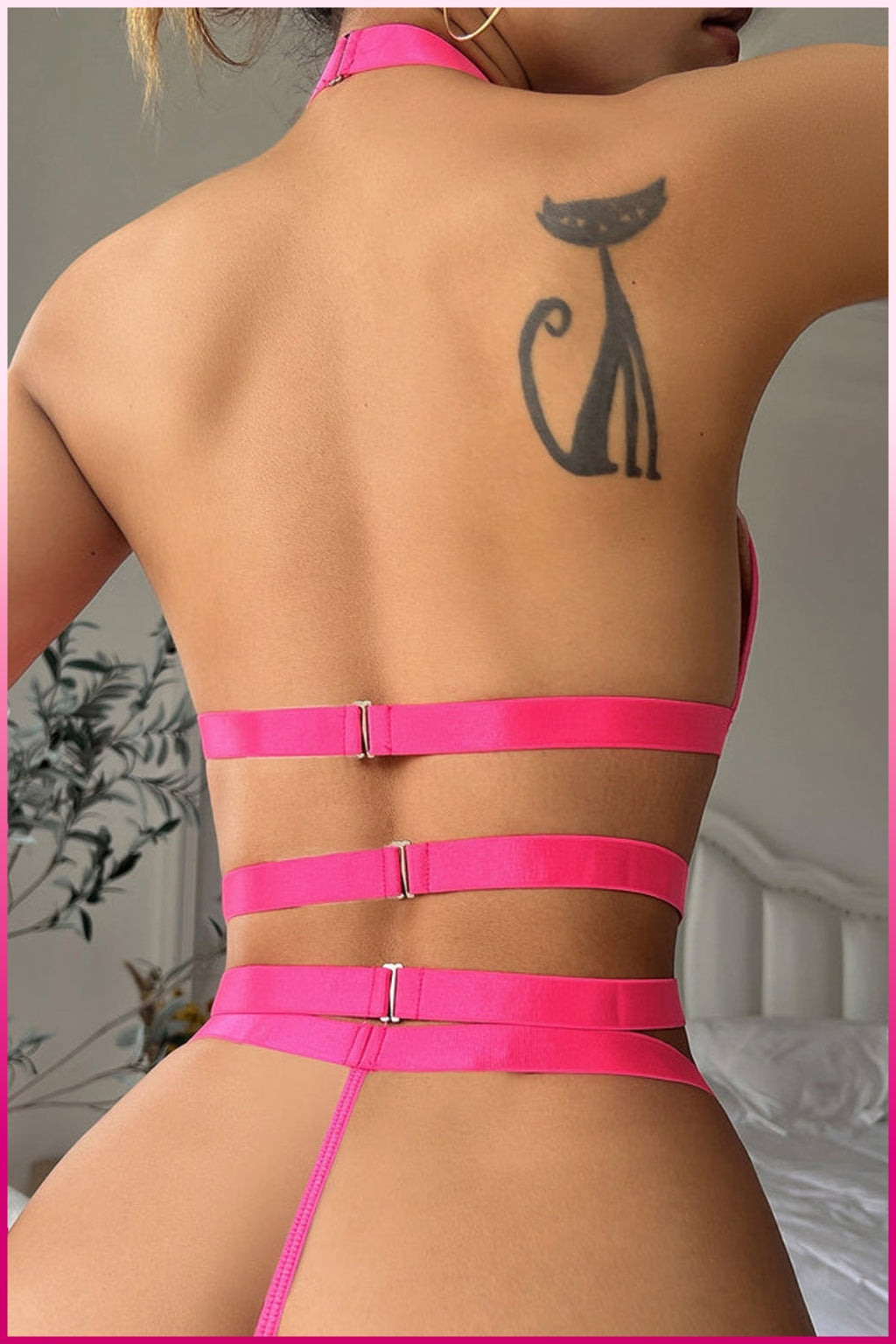 Fuşya Dantel Kalp Detaylı Zincirli Seksi İç Giyim Seti