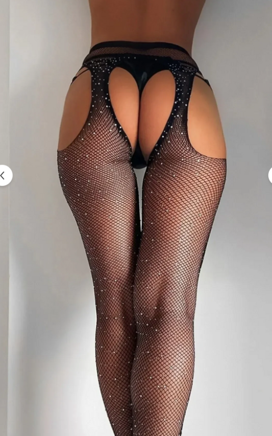 Taşlı ağ kısmı açık vücut çorabı