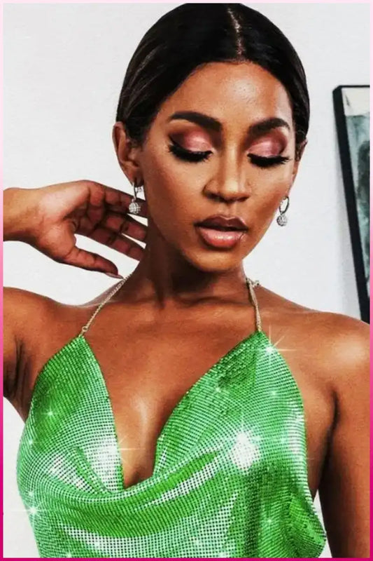 Kristal Yeşil Taşlı Parlak Crop & Bluz Kolsuz Kayık Yaka Parti Plaj Büstiyer