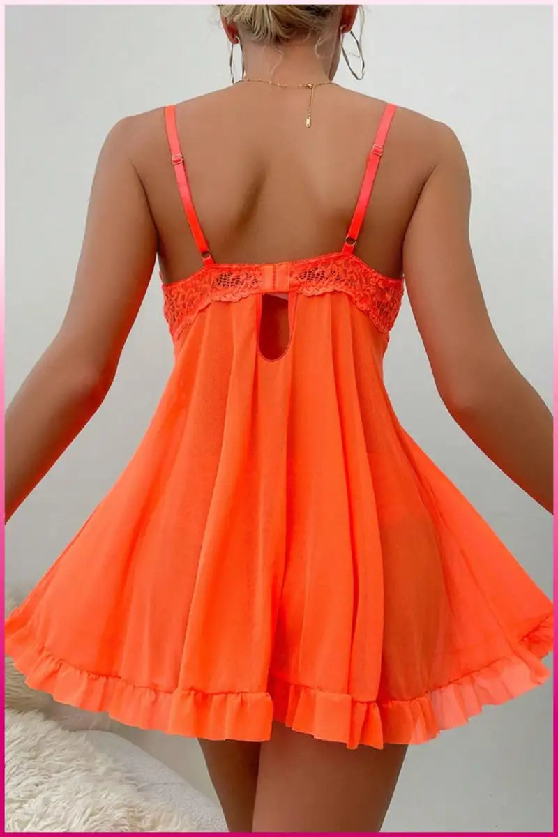 Kadın Zarif Turuncu Tül Gecelik ve Külot Takım