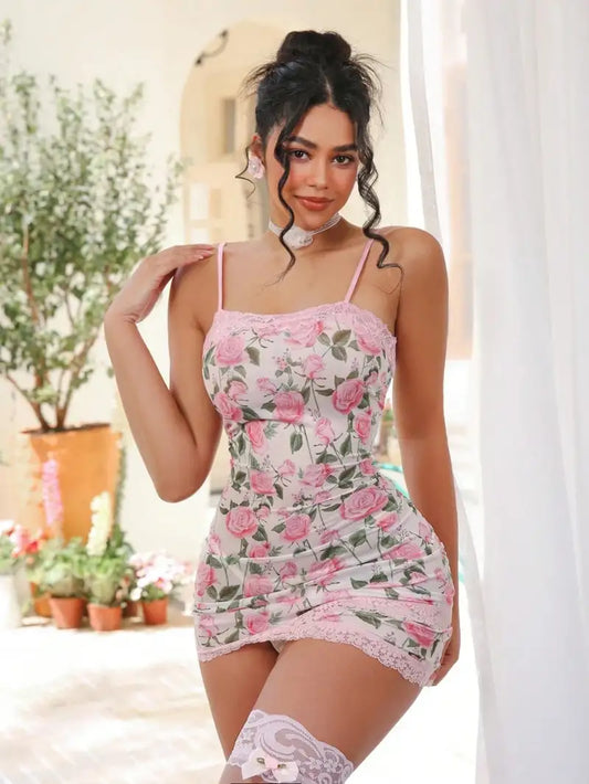 Çiçek Desenli Seksi Elbise Takımı ( Çorap dahil değildir )