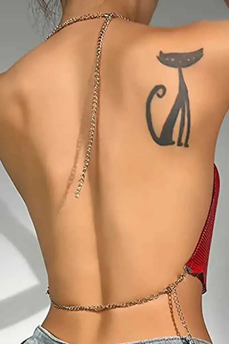 Kristal Kırmızı Taşlı Parlak Crop & Bluz Kolsuz Kayık Yaka Parti Plaj Büstiyer