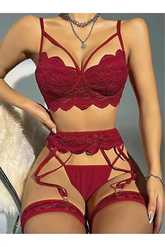 Kadın Bordo Dantel Detaylı Jartiyer Takım