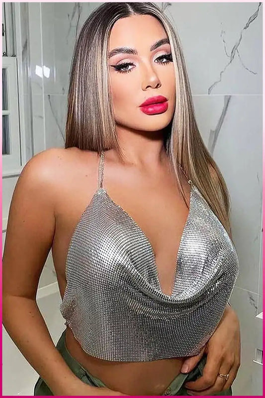 Parlak Gümüş Zırh Bustiyer,Kadın Seksi Zarif Crop