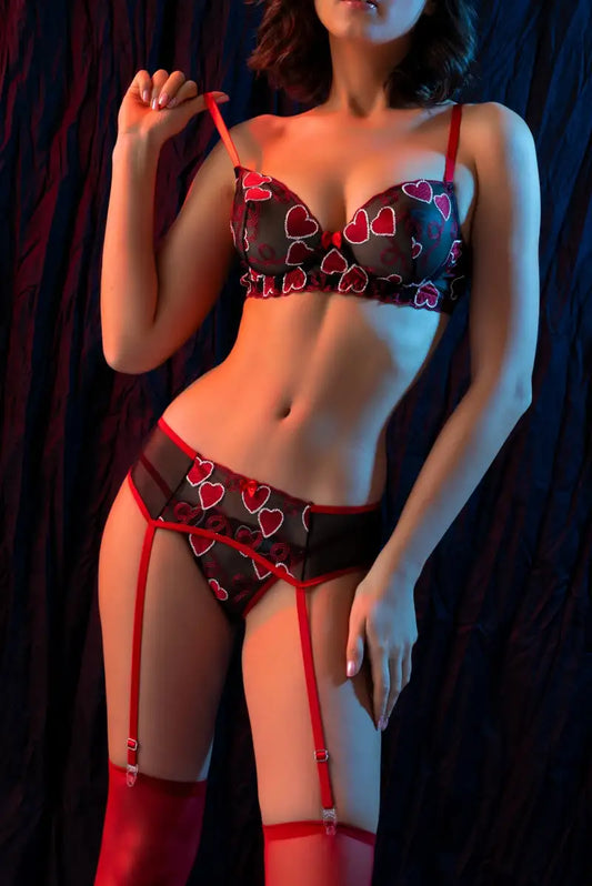 Kırmızı Dantel Jartiyerli 4’lü Fantazi İç Giyim Takımı,Transparan Ayarlanabilir Askılı,Kadın İçGiyim