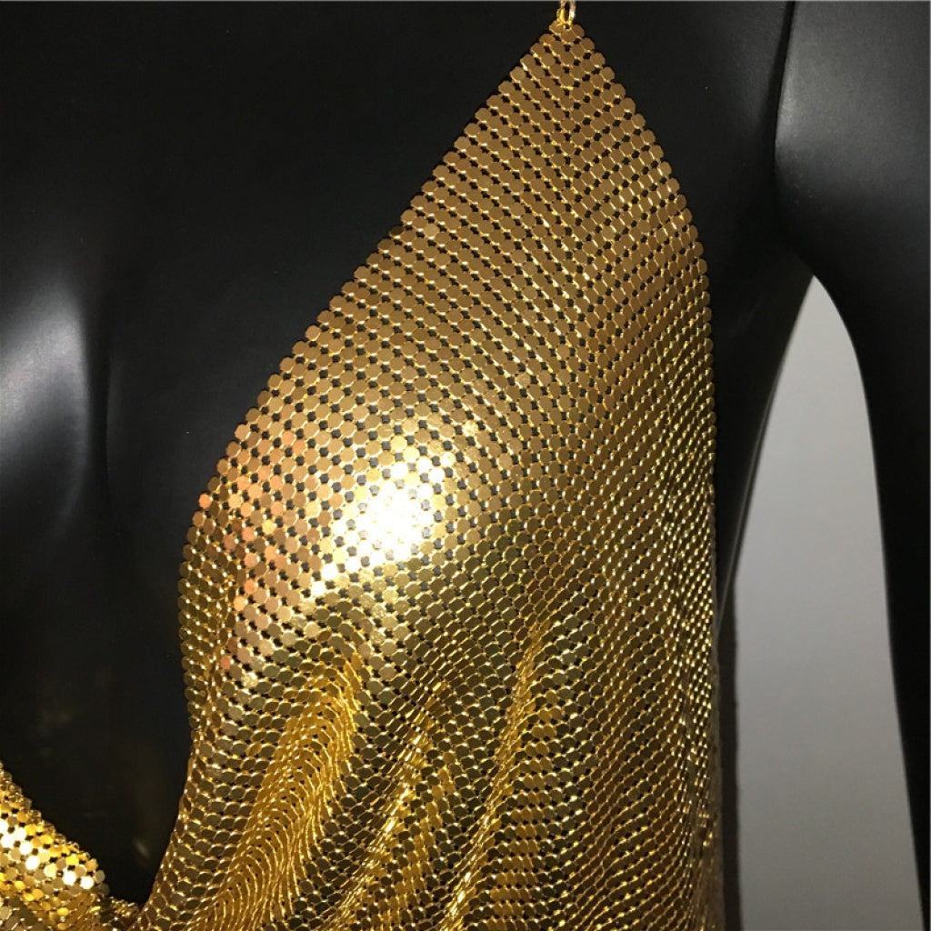 Parlak Gold Crop &amp; Bluz Kolsuz Kayık Yaka Zırh Büstiyer