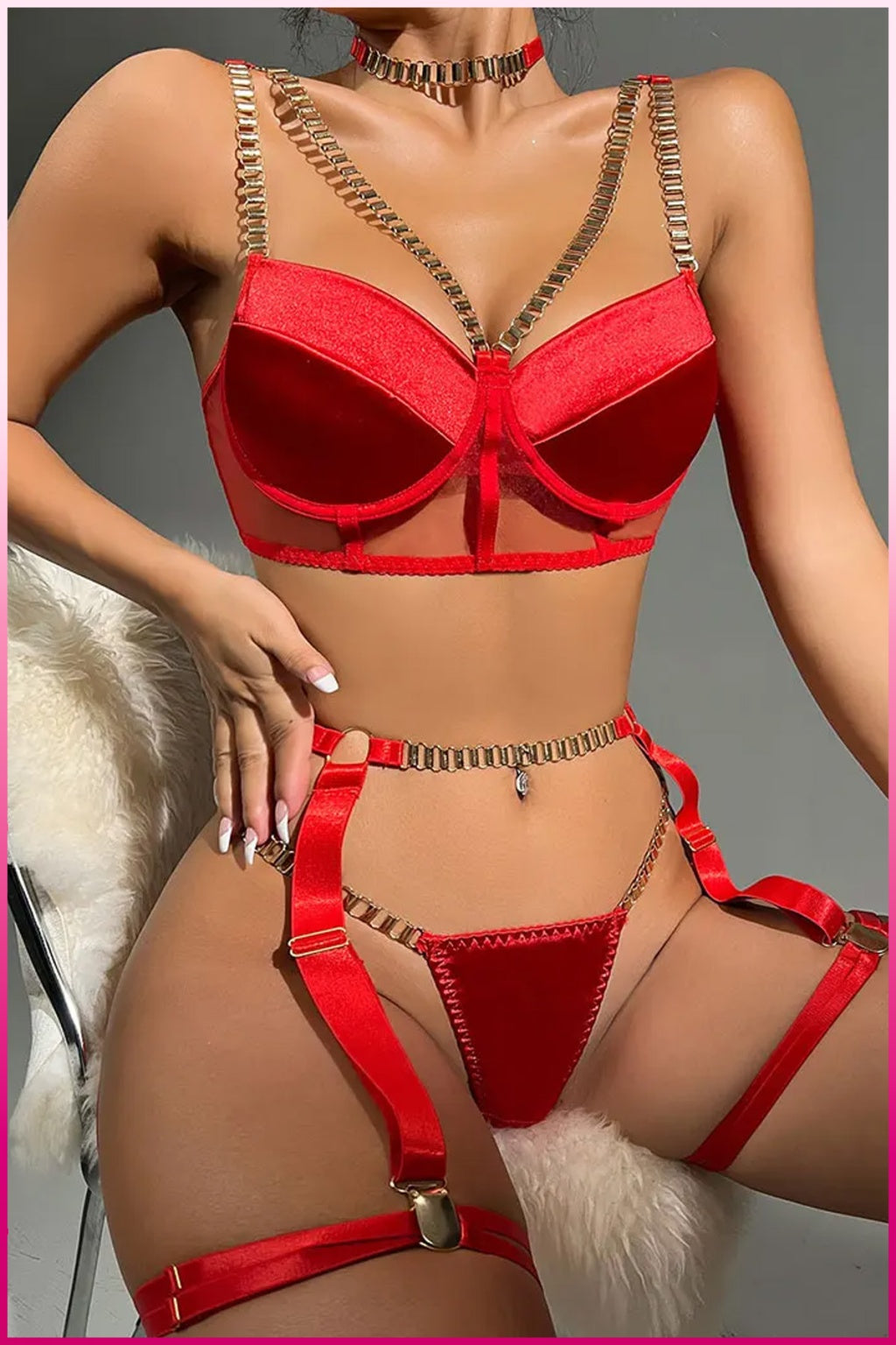 Kırmızı Merdiven Zincirli Göğüs Balenli Kadın Seksi Jartiyer Takım