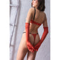 Fetiş Tarzı Turuncu Çıtçıtlı Sütyen ve Eldiven, String Takım,Transparan Detaylı Seksi İç Giyim