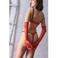 Fetiş Tarzı Turuncu Çıtçıtlı Sütyen ve Eldiven, String Takım,Transparan Detaylı Seksi İç Giyim
