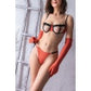 Fetiş Tarzı Turuncu Çıtçıtlı Sütyen ve Eldiven, String Takım,Transparan Detaylı Seksi İç Giyim