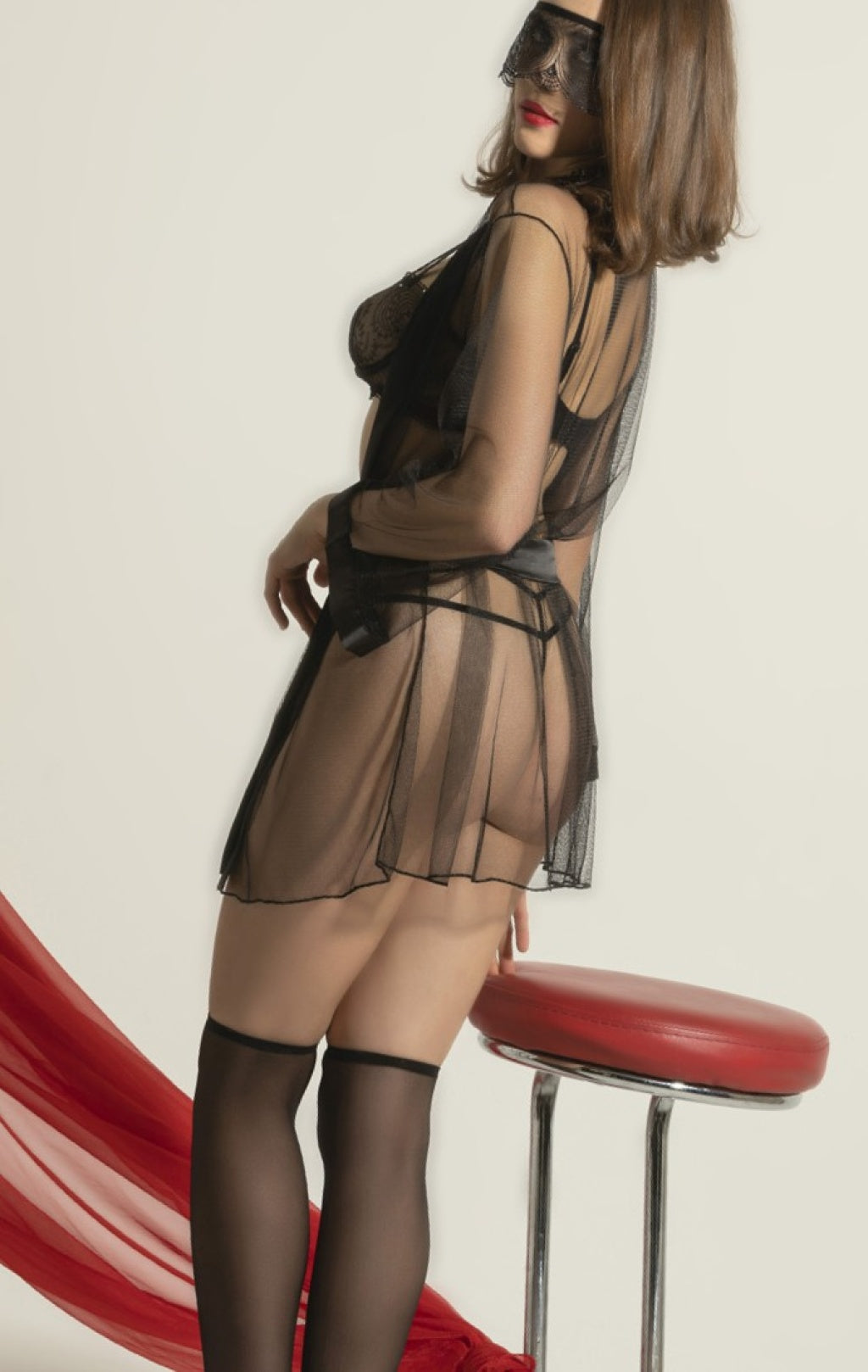 Siyah Transparan Tül Sabahlık ve Jartiyerli Fantazi İç Giyim Seti 5'li,Seksi Dantelli Gecelik Takımı