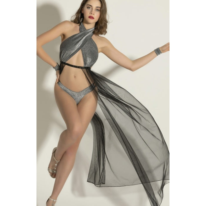 Gümüş Işıltılı Tül Detaylı Seksi Fantezi İç Giyim Seti,3 Parça Seksi Fantazi Kostüm