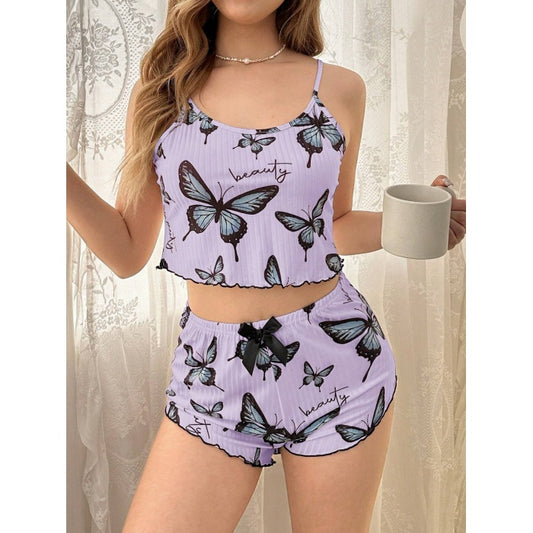 Mor Renk Kelebek Desenli Şortlu Ev Giyim Takımı,Kadın Yazlık Askılı Pijama, Rahat ve Şık Ev Giyim