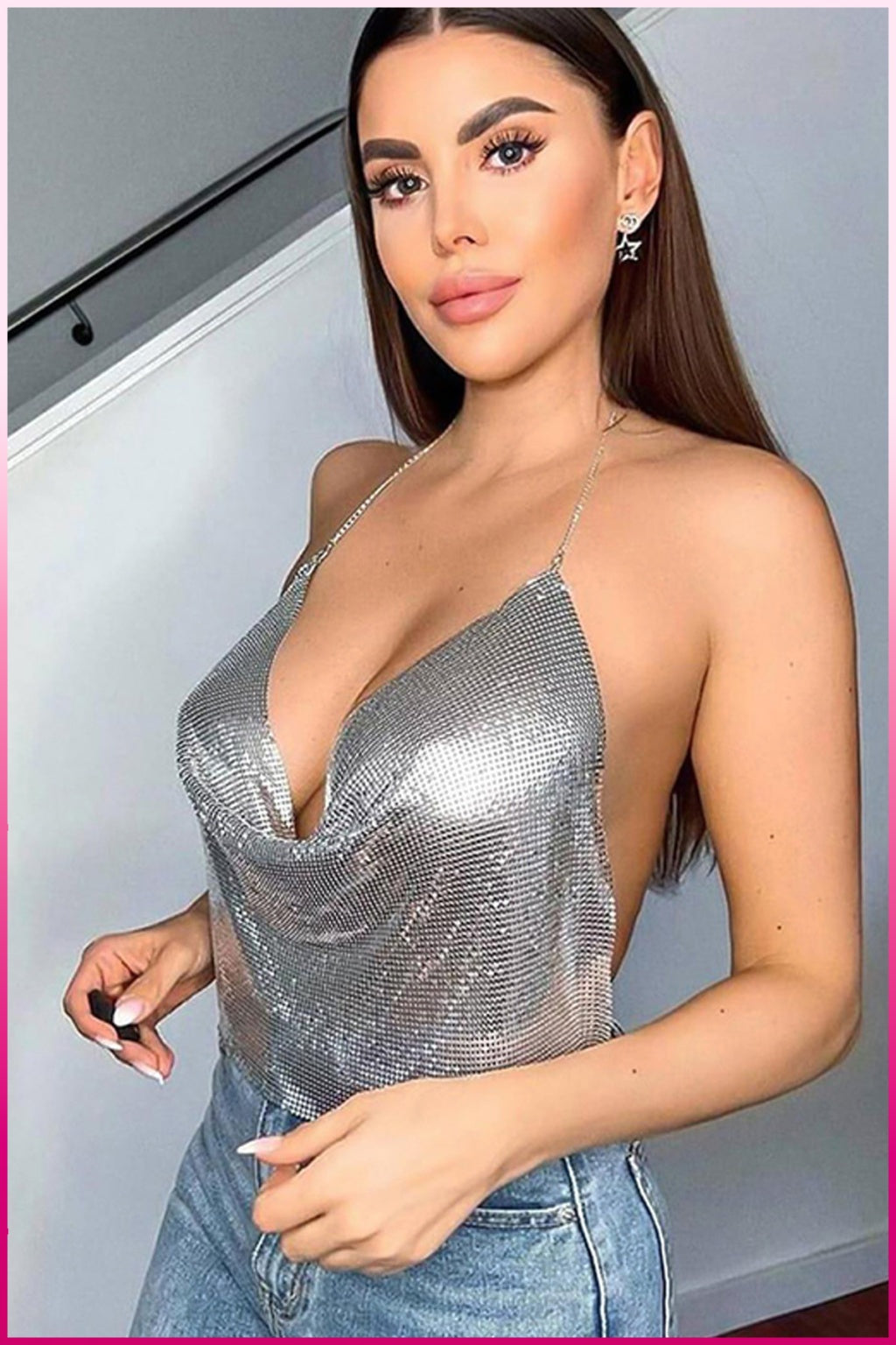 Parlak Gümüş Zırh Bustiyer,Kadın Seksi Zarif Crop