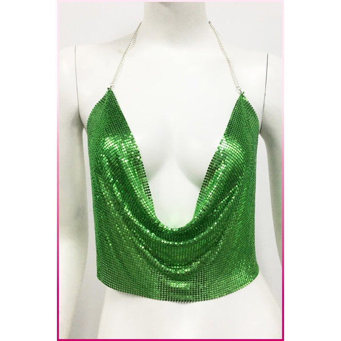 Kristal Yeşil Taşlı Parlak Crop & Bluz Kolsuz Kayık Yaka Parti Plaj Büstiyer