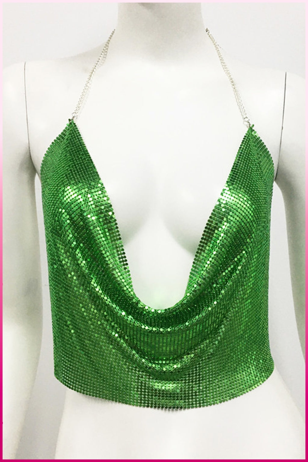 Kristal Yeşil Taşlı Parlak Crop & Bluz Kolsuz Kayık Yaka Parti Plaj Büstiyer