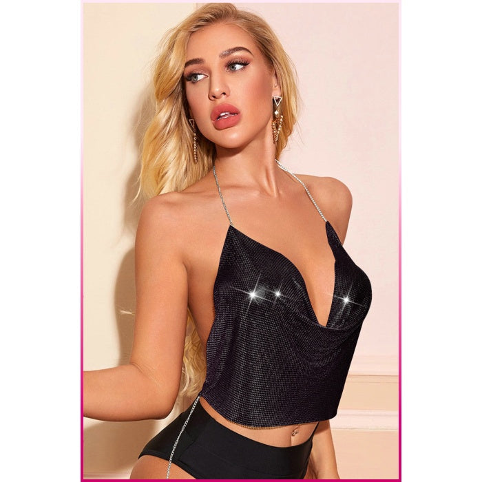 Kristal Siyah Taşlı Parlak Crop & Bluz Kolsuz Kayık Yaka Parti Plaj Büstiyer