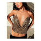 Kristal Leopard Taşlı Parlak Crop & Bluz Kolsuz Kayık Yaka Parti Plaj Büstiyer