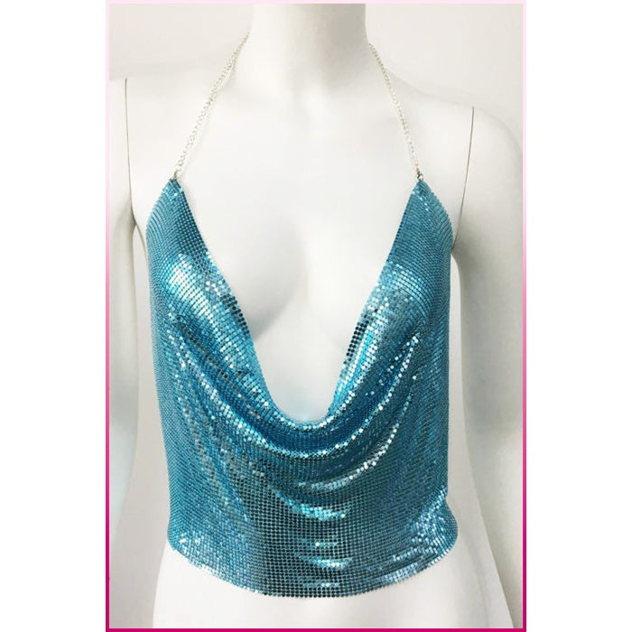 Kristal Mavi Taşlı Parlak Crop & Bluz Kolsuz Kayık Yaka Parti Plaj Büstiyer