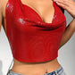 Kristal Kırmızı Taşlı Parlak Crop & Bluz Kolsuz Kayık Yaka Parti Plaj Büstiyer