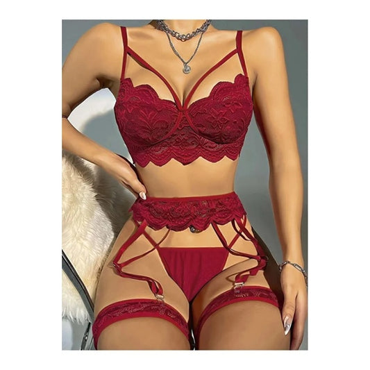 Kadın Bordo Dantel Detaylı Jartiyer Takım