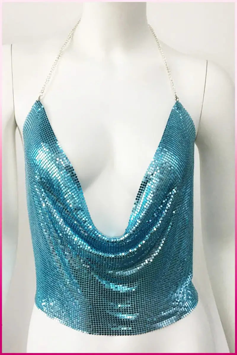 Kristal Mavi Taşlı Parlak Crop &amp; Bluz Kolsuz Kayık Yaka Parti Plaj Büstiyer