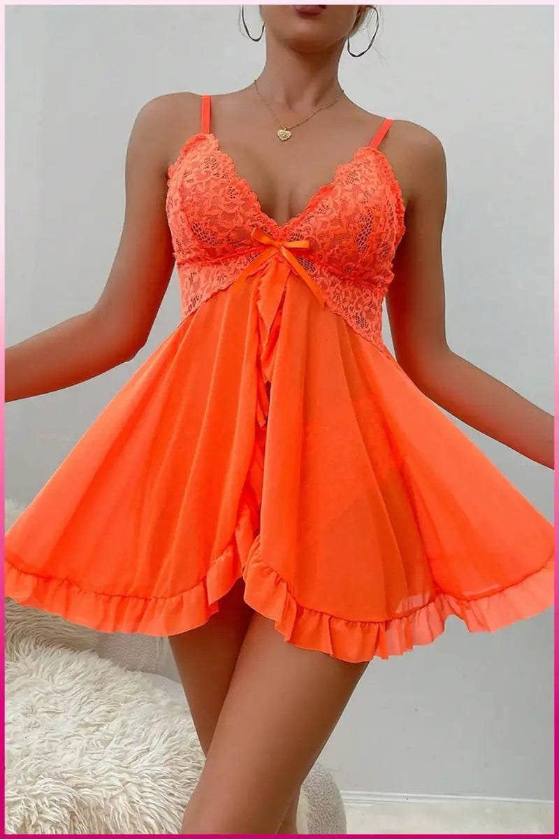 Kadın Zarif Turuncu Tül Gecelik ve Külot Takım