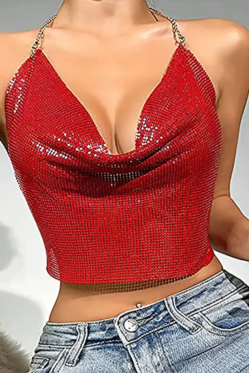 Kristal Kırmızı Taşlı Parlak Crop &amp; Bluz Kolsuz Kayık Yaka Parti Plaj Büstiyer