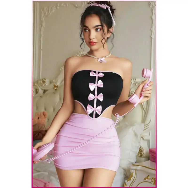 Kadın Pembe Fiyonklu Etekli Seksi Kostüm