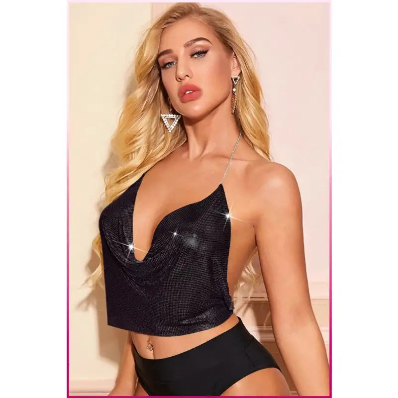 Kristal Siyah Taşlı Parlak Crop &amp; Bluz Kolsuz Kayık Yaka Parti Plaj Büstiyer