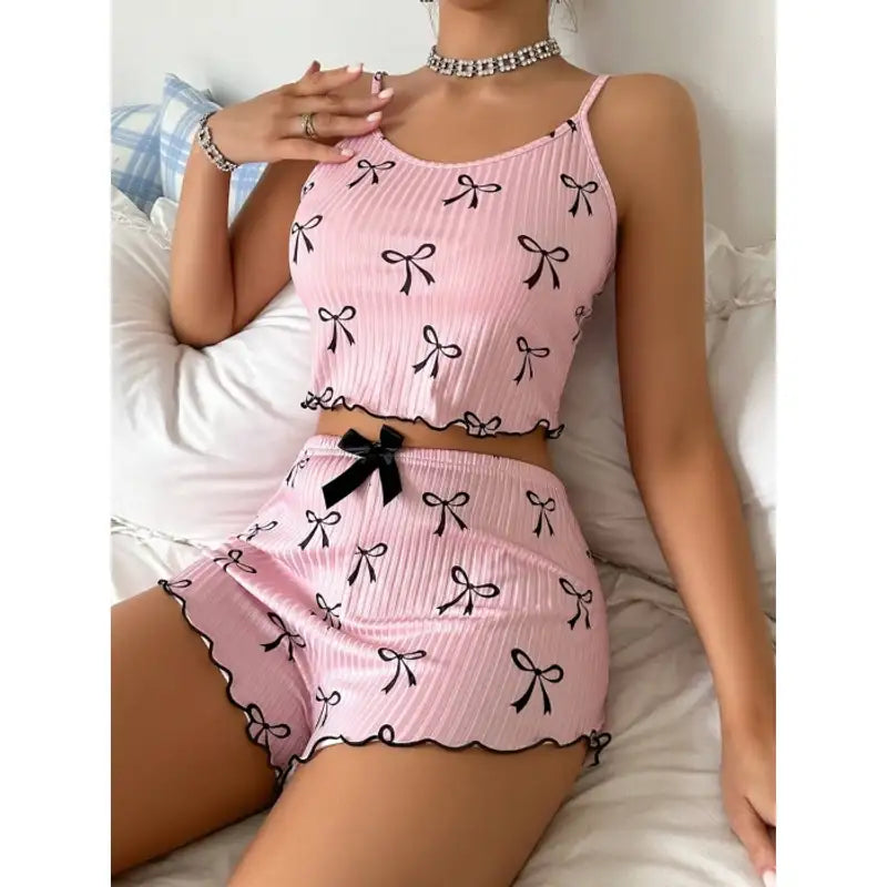 Kadın Siyah  Fiyonklu Şortlu Takım Mini Pembe Rahat