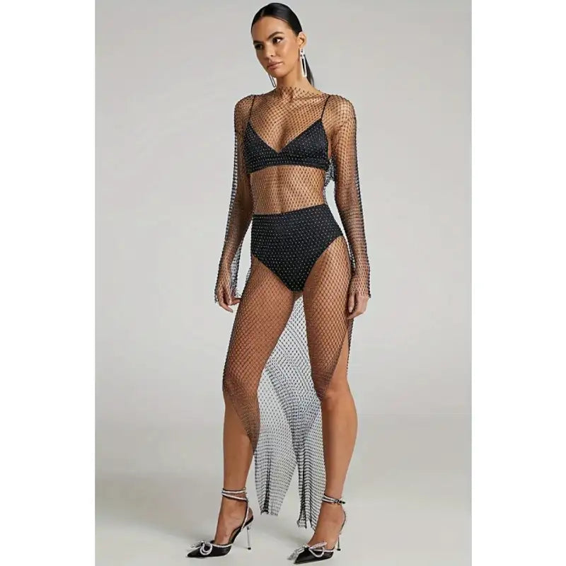 Işıltılı File Detaylı Uzun File Gece Elbisesi &amp; Taş İşlemeli Parti Modeli-Gece &amp; Davet Şıklığı