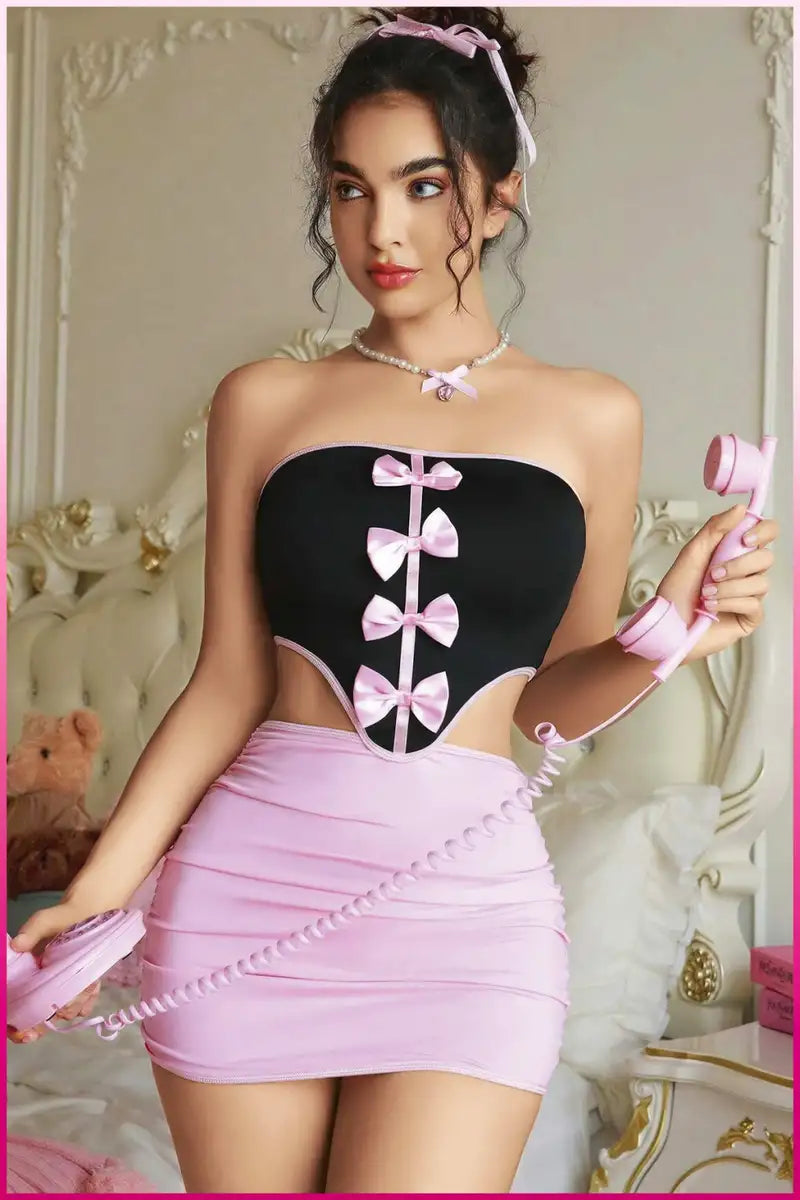 Kadın Pembe Fiyonklu Etekli Seksi Kostüm