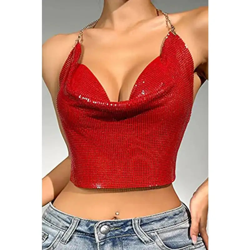 Kristal Kırmızı Taşlı Parlak Crop &amp; Bluz Kolsuz Kayık Yaka Parti Plaj Büstiyer