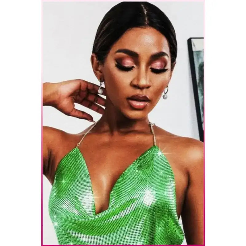 Kristal Yeşil Taşlı Parlak Crop &amp; Bluz Kolsuz Kayık Yaka Parti Plaj Büstiyer