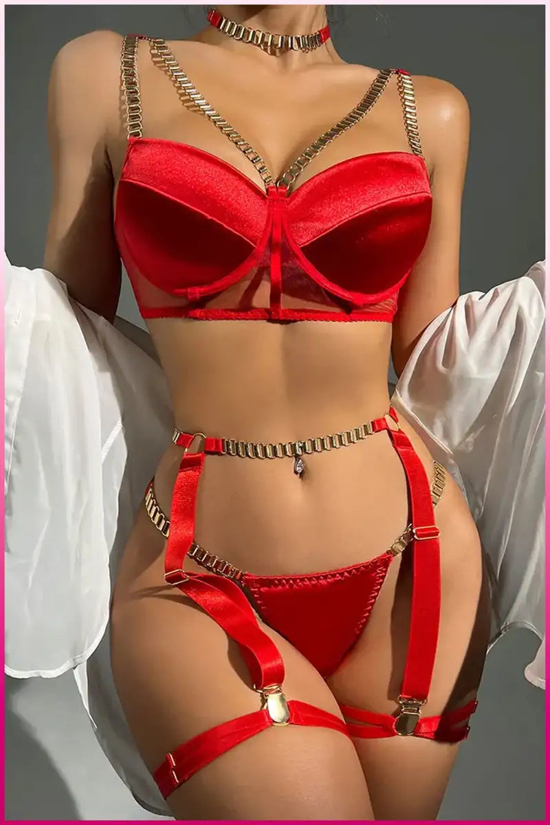 Kırmızı Merdiven Zincirli Göğüs Balenli Kadın Seksi Jartiyer Takım