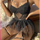 Siyah Göğüs Balenli, Tül Etekli Seksi Jartiyer Takım