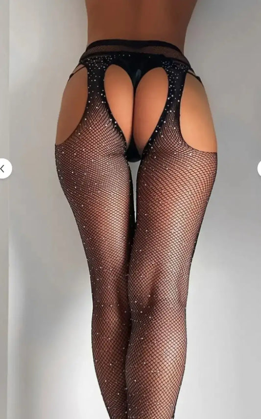 Taşlı ağ kısmı açık vücut çorabı