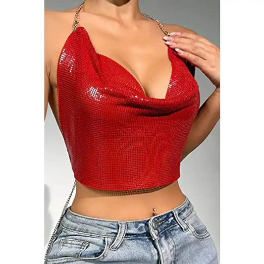 Kristal Kırmızı Taşlı Parlak Crop &amp; Bluz Kolsuz Kayık Yaka Parti Plaj Büstiyer