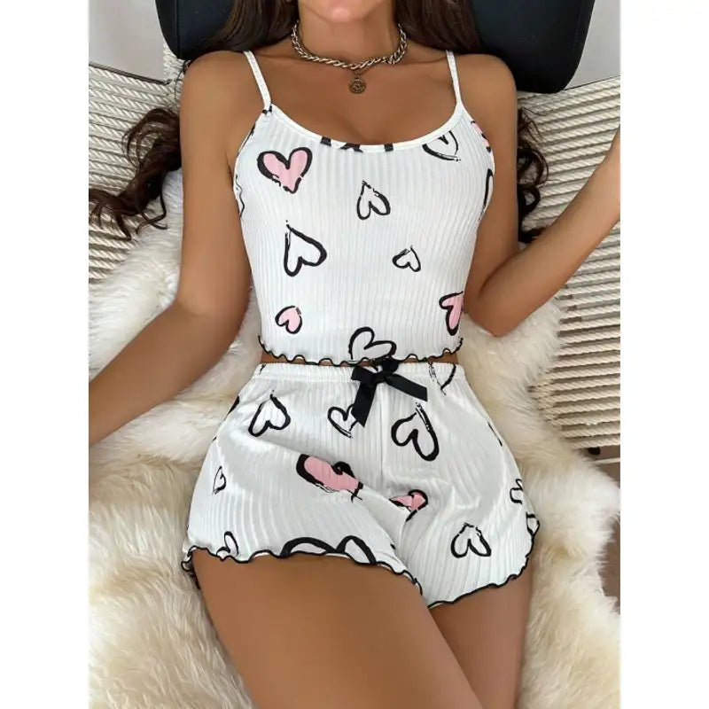 Beyaz Kalp Desen Detaylı 2Lİ Pijama Takımı