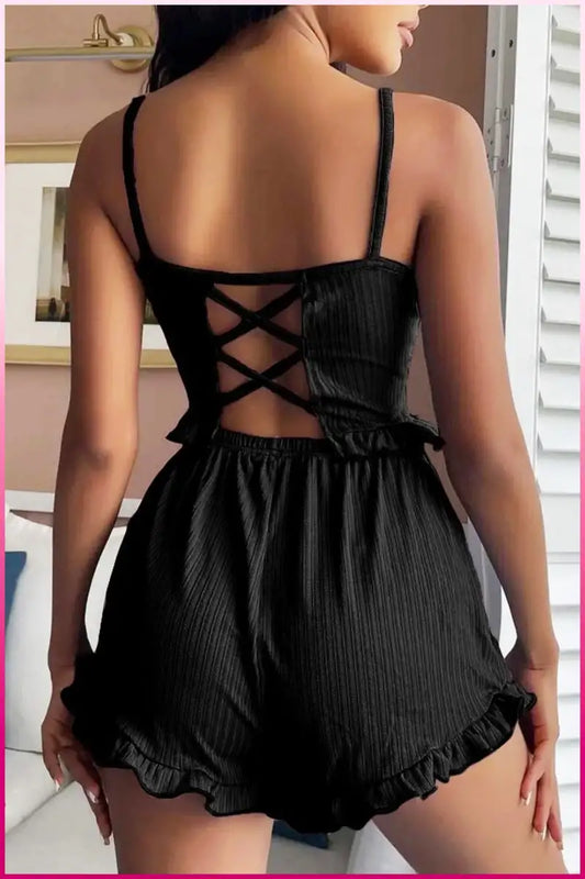 Siyah Mini Arkası Çapraz İpli Şortlu PijamaTakımı