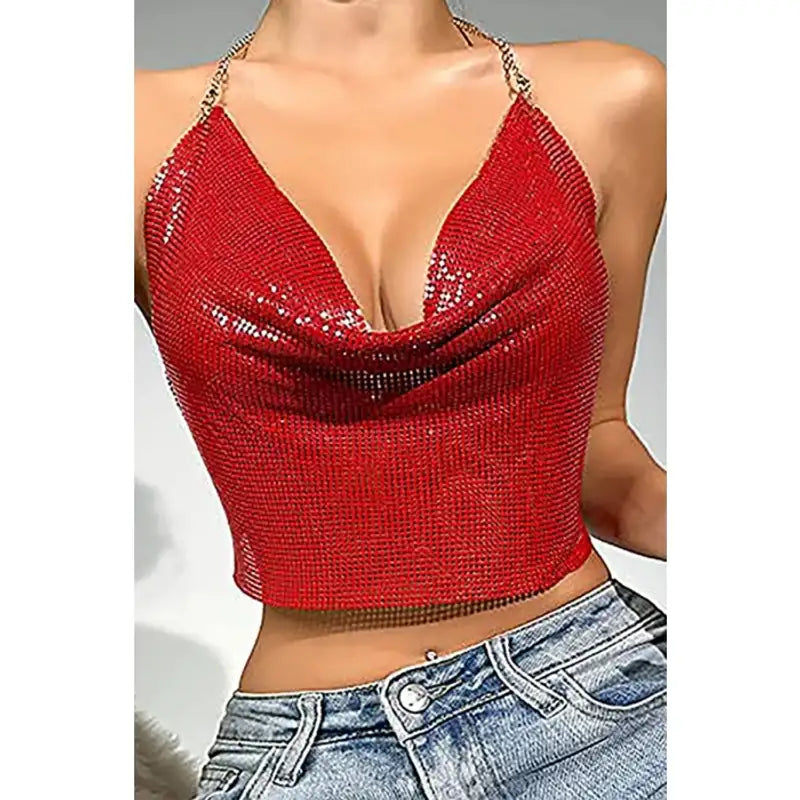 Kristal Kırmızı Taşlı Parlak Crop &amp; Bluz Kolsuz Kayık Yaka Parti Plaj Büstiyer