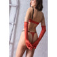 Fetiş Tarzı Turuncu Çıtçıtlı Sütyen ve Eldiven, String Takım,Transparan Detaylı Seksi İç Giyim