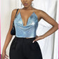 Kristal Mavi Taşlı Parlak Crop &amp; Bluz Kolsuz Kayık Yaka Parti Plaj Büstiyer