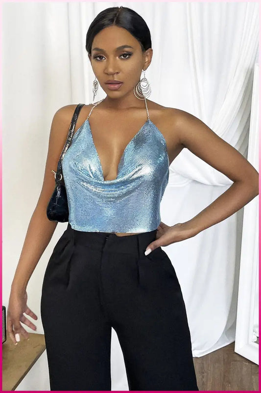 Kristal Mavi Taşlı Parlak Crop &amp; Bluz Kolsuz Kayık Yaka Parti Plaj Büstiyer