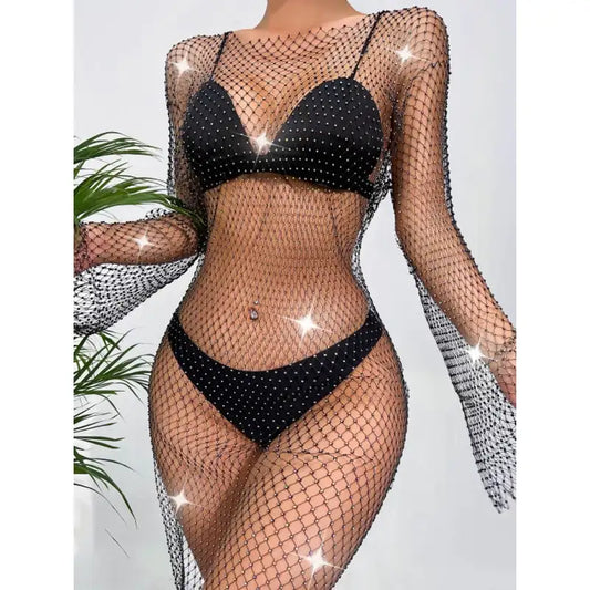 Işıltılı File Detaylı Uzun File Gece Elbisesi &amp; Taş İşlemeli Parti Modeli-Gece &amp; Davet Şıklığı