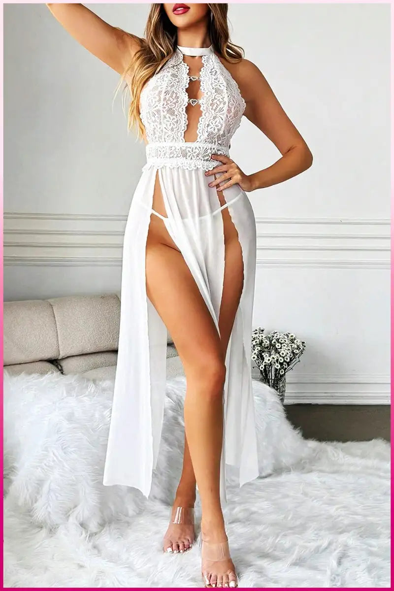 Beyaz Kalp Aksesuarlı Tül Etekli Kadın Seksi Gecelik