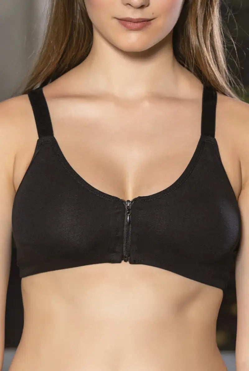 Sİyah Önden Fermuarlı Pamuklu Sütyen,Günlük ve Medikal Kullanım İçin, Kadın İç Giyim