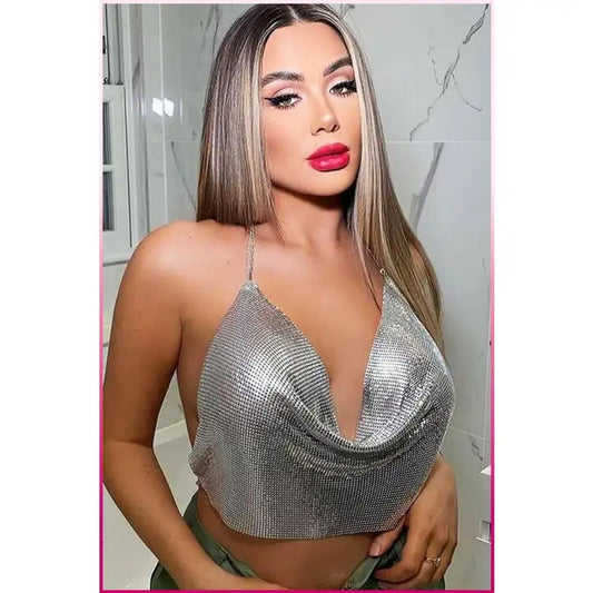 Parlak Gümüş Zırh Bustiyer,Kadın Seksi Zarif Crop