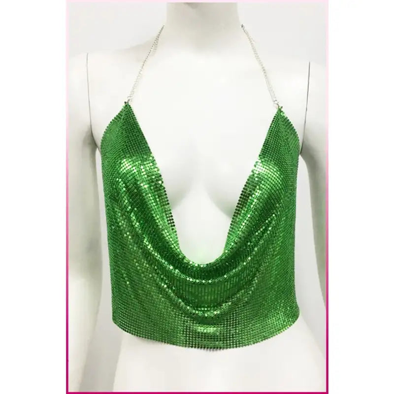 Kristal Yeşil Taşlı Parlak Crop &amp; Bluz Kolsuz Kayık Yaka Parti Plaj Büstiyer